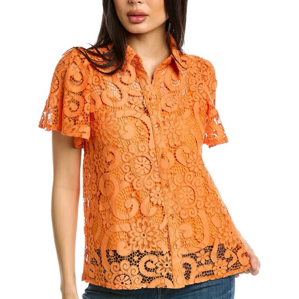 Nanette Lepore Lace Short Sleeve Top Tangerine Orange Size Med